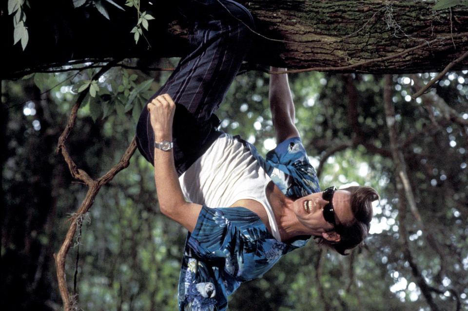 ace ventura hanging from a tree upside down