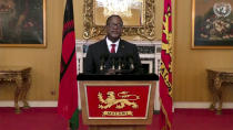 In this image made from UNTV video, Lazarus Chakwera, President of Malawi, speaks in a pre-recorded message which was played during the U.N. General Assembly's special session to discuss the response to COVID-19 and the best path to recovery from the pandemic, Thursday, Dec. 3, 2020, at U.N. headquarters, in New York. (UNTV via AP)