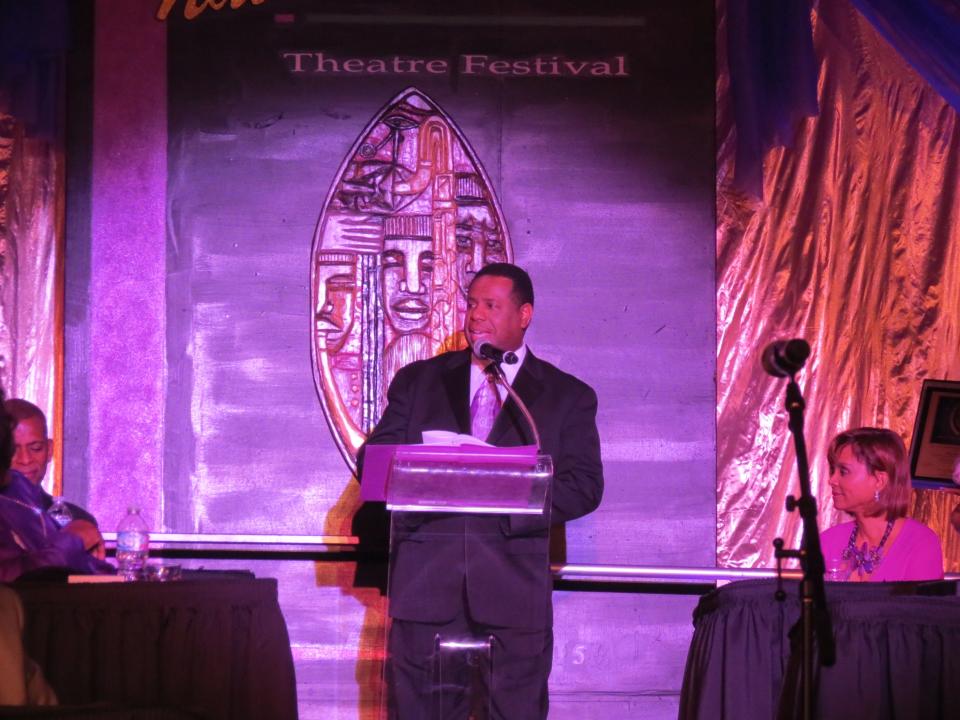 Nate Jacobs, founder and artistic director of the Westcoast Black Theatre Troupe accepts the Producer’s Award at the 2015 National Black Theatre Festival Opening Gala.