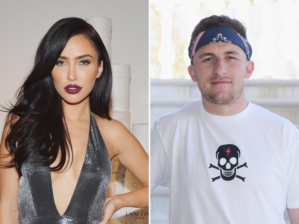 A composite of Bre Tiesi wearing a plunging neckline silver dress, dark red lipstick, and with long dark hair and Johnny Manziel wearing a T-shirt with a skull and crossbones on it and a bandana over his forehead.