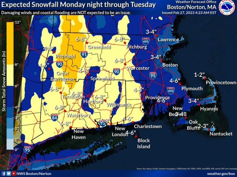 Projected snowfall amounts for southern New England as of Monday, Feb. 27.