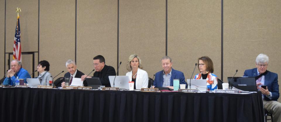 The Board of Education Standards meets to discuss social studies standards in Pierre on April 17, 2023. From left to right: Steve Willard, Phyllis Heineman, Department of Education Secretary Joe Graves, Terry Nebelsick, Julie Westra, Rich Meyer, Linda Olsen and Steve Perkins.