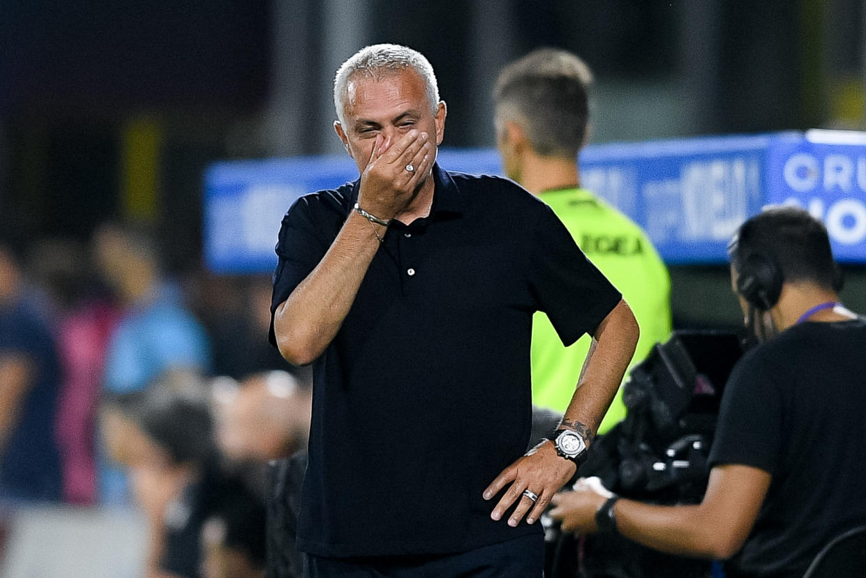 Jose Mourinho manager of AS Roma looks dejected during the Serie A match between US Salernitana 1919 and AS Roma at Stadio Arechi, Salerno, Italy on 14 August 2022. (Photo by Giuseppe Maffia/NurPhoto via Getty Images)