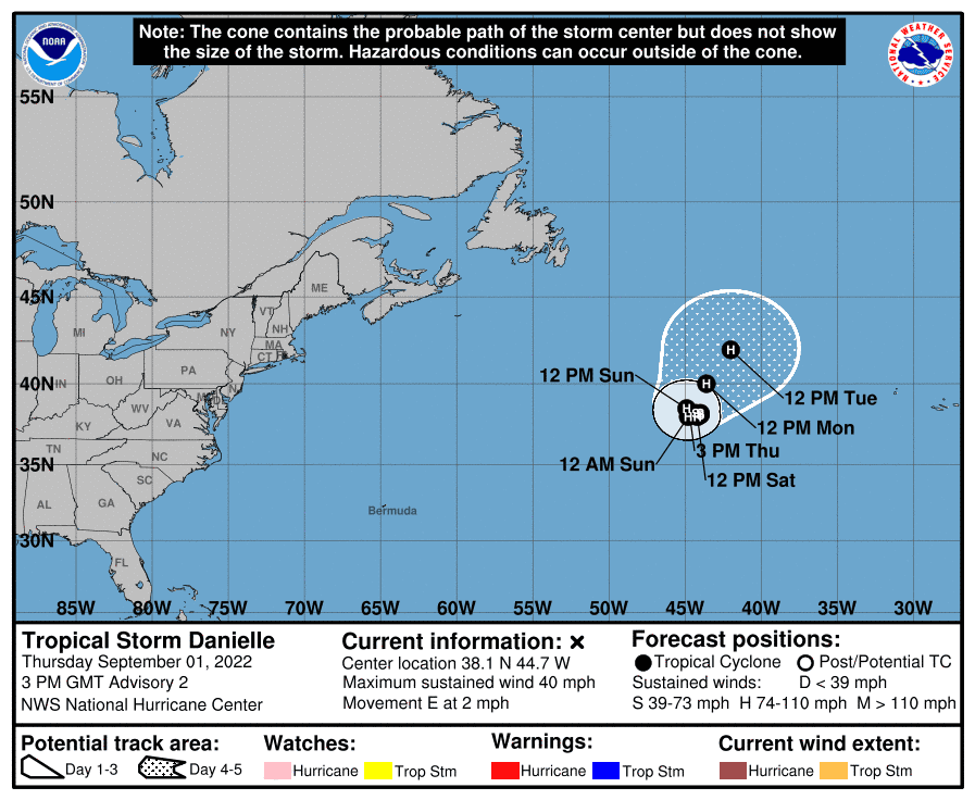 Tropical Storm Danielle 11 a.m. Sept. 1, 2022.