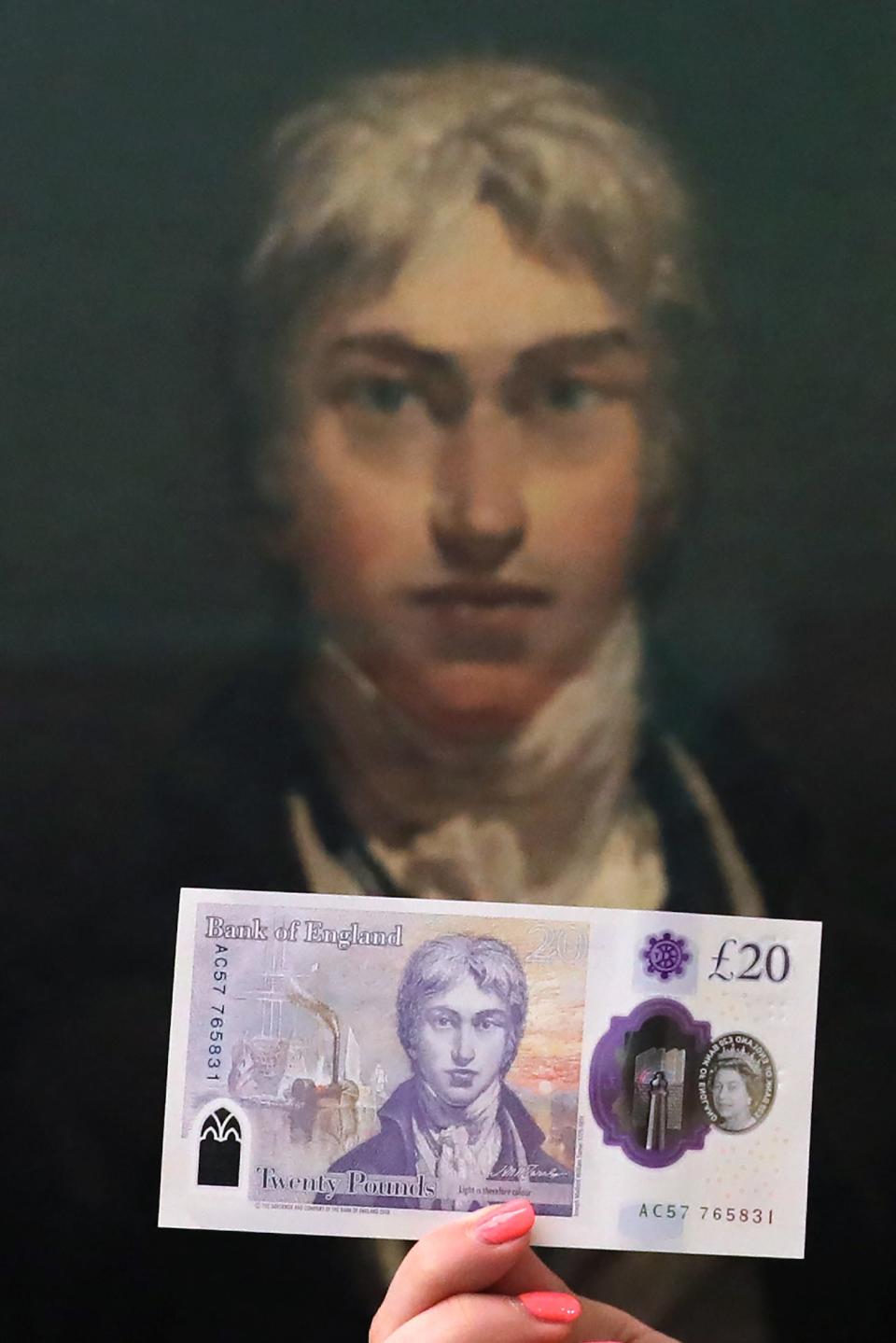 The new £20 note featuring Turner in front of his self-portrait.