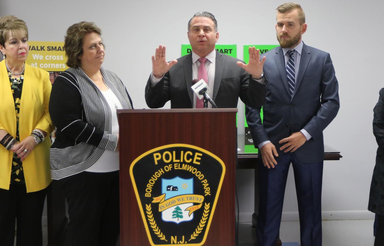 Elmwood Park Police Chief and Business Adminstrator, Michael Foligno, speaks at a press conference about the importance of pedestrian safety.