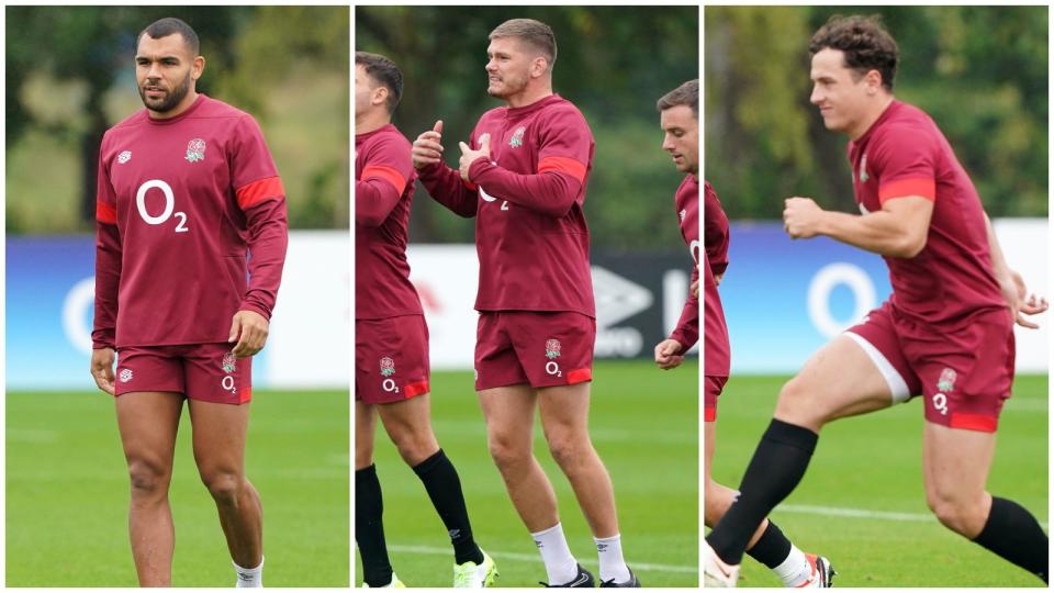 England trio Joe Marchant, Owen Farrell and Henry Arundell at training session. Credit: Alamy