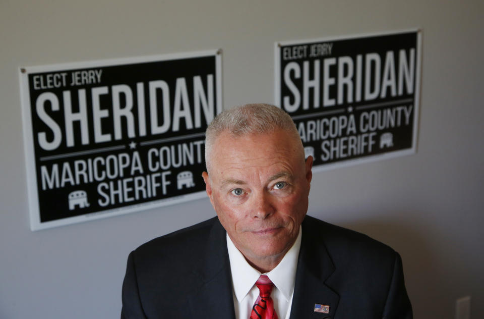Long time law enforcement officer at the Maricopa County Sheriff's Office, Jerry Sheridan, is running for the position of Maricopa County Sheriff in the Republican primary, Wednesday, July 22, 2020, in Fountain Hills, Ariz. Joe Arpaio is trying to win back the sheriff’s post in metro Phoenix that he held for 24 years, facing his former second-in-command, Sheridan, in the Aug. 4 Republican primary in what has become his second comeback bid. (AP Photo/Ross D. Franklin)