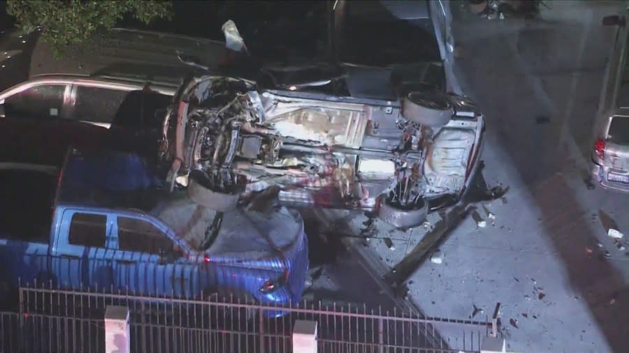 Three people were injured after a speeding vehicle careened into a Subway and a neighboring home in Van Nuys on Friday, April 19, 2024. (Sky5)