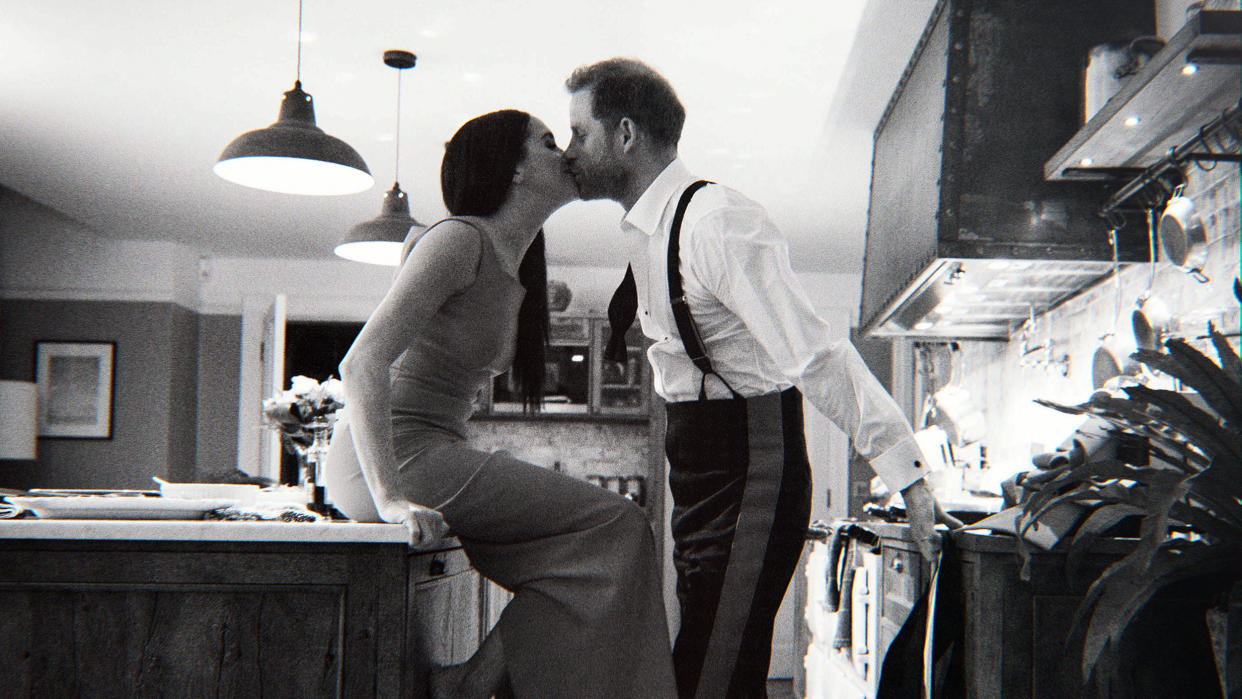 Prince Harry and Meghan, Duchess of Sussex, share a sweet moment. (Courtesy of Prince Harry and Meg / Netflix)