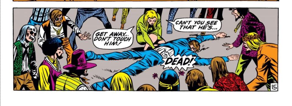 Nick Fury lying dead in a crowd in Agent of Shield #15