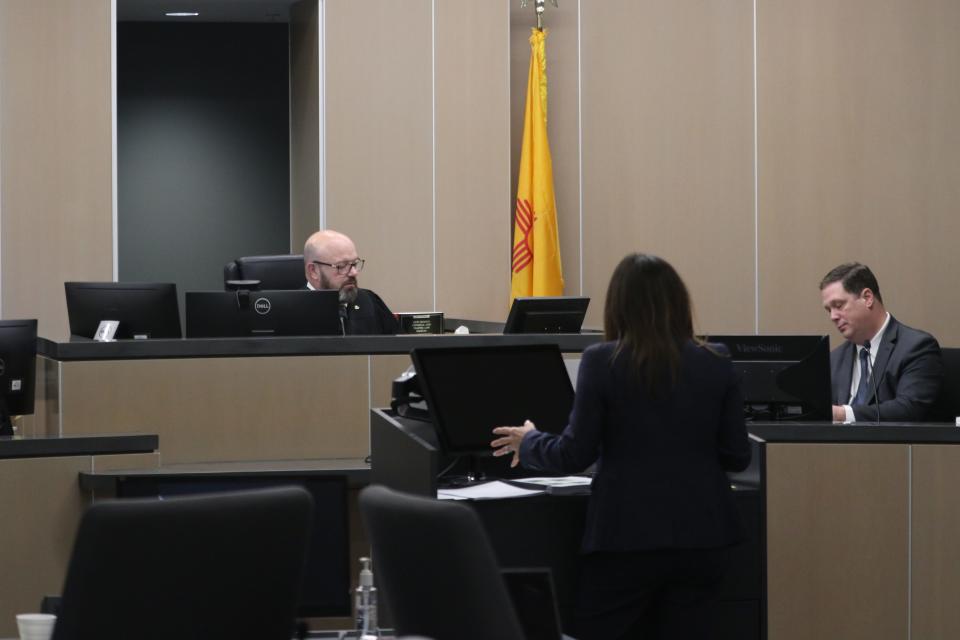 Sean Trende (right) testifies during a gerrymandering trial, Sept. 27, 2023 in Lea County District Court.