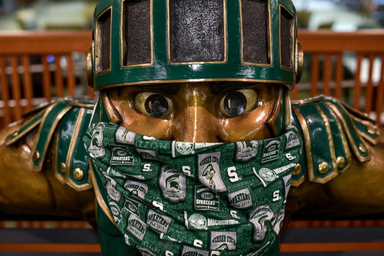 The Sparty inside the MSU Union is equipped with a mask photographed on Monday, Aug. 17, 2020, in East Lansing.