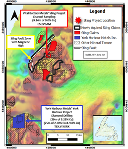 Map of Sting Project mineral tenure with regional NL Government residual magnetics