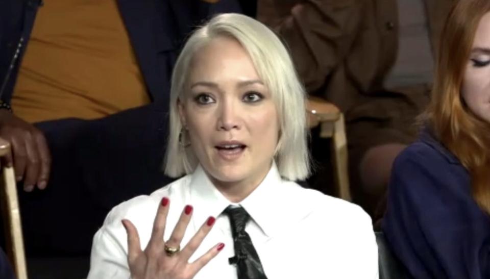 Pom Klementieff explains why she was upset on the plane during the "GotG: Vol. 3" press conference.