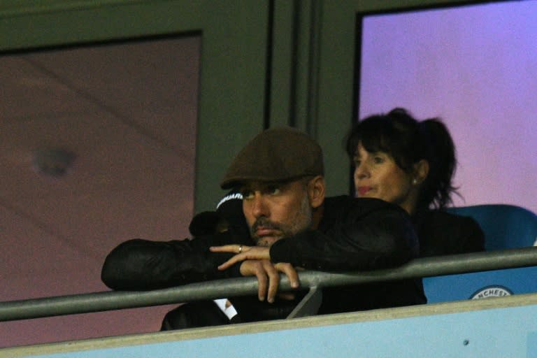 Manchester City manager Pep Guardiola was forced to watch his side's defeat from the stands