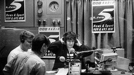 Jane Garvey and Adrian Chiles making the first broadcast in 1994 (5 Live/BBC/PA)