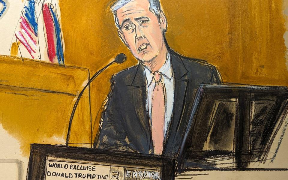 Michael Cohen testifies on the witness stand in Donald Trumps "hush money" trial