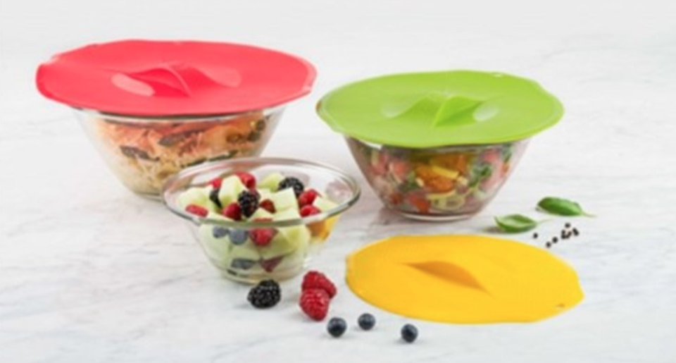 Three silicone lids on bowls