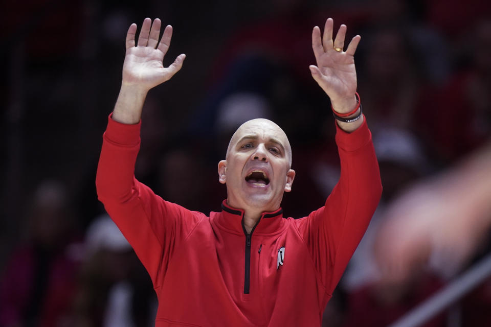 Utah coach Craig Smith directs the team during the first half of an NCAA college basketball game against Colorado on Saturday, Feb. 11, 2023, in Salt Lake City. (AP Photo/Rick Bowmer)