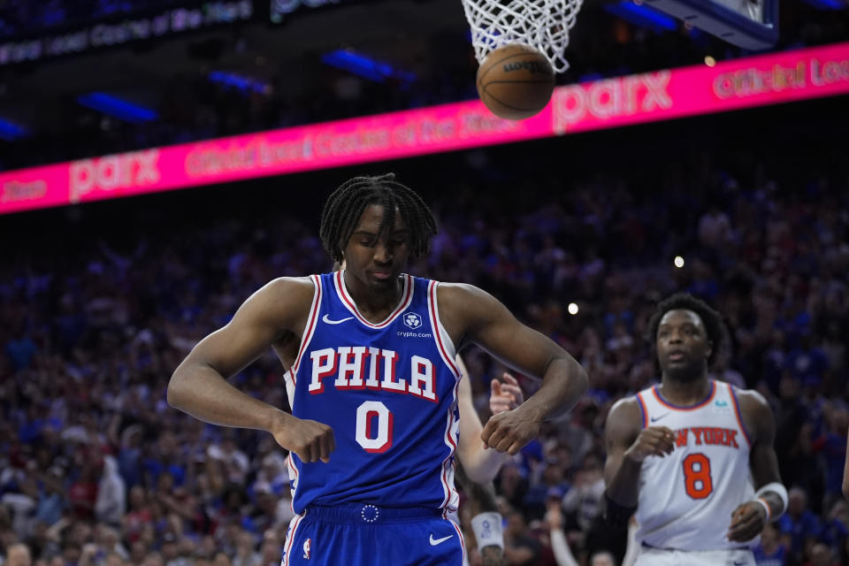 Philadelphia 76ers' Tyrese Maxey (0) reacts during the second half of Game 6 in an NBA basketball first-round playoff series against the New York Knicks, Thursday, May 2, 2024, in Philadelphia. (AP Photo/Matt Slocum)