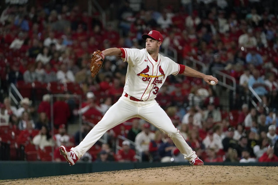 St. Louis Cardinals pitcher Steven Matz throws during the eighth inning of a baseball game against the Pittsburgh Pirates Saturday, Oct. 1, 2022, in St. Louis. (AP Photo/Jeff Roberson)
