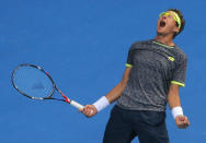 Tennis - Australian Open - Melbourne Park, Melbourne, Australia - 19/1/17 Uzbekistan's Denis Istomin celebrates after winning his Men's singles second round match against Serbia's Novak Djokovic. REUTERS/Jason Reed