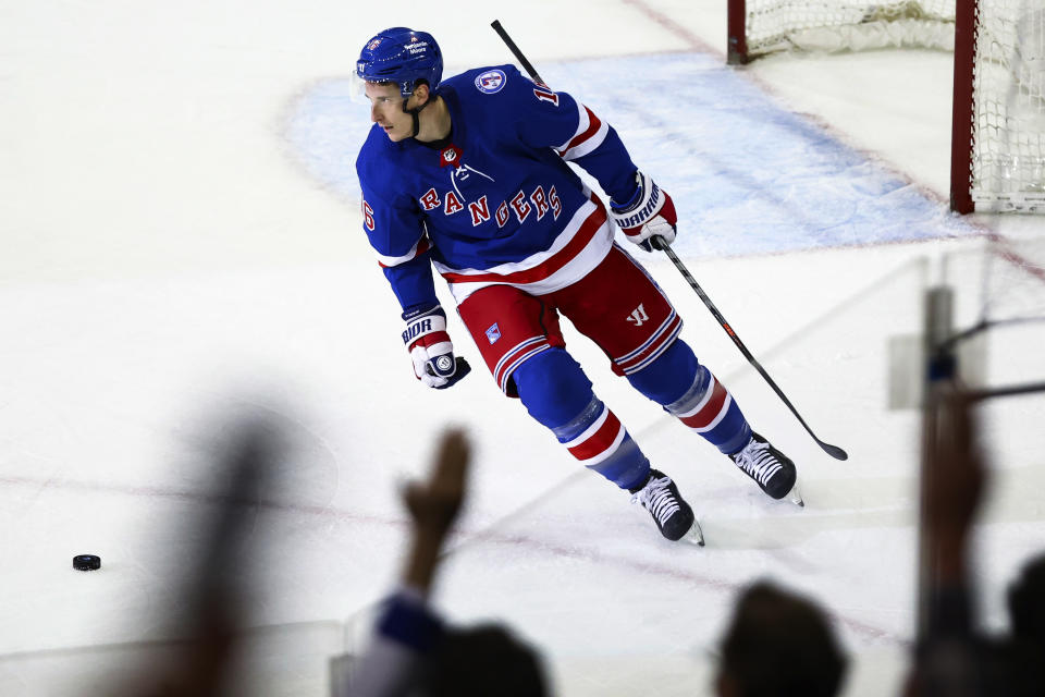 New York Rangers center Ryan Strome reacts to his second goal of the night against the Winnipeg Jets, during the third period of an NHL hockey game Tuesday, April 19, 2022, in New York. (AP Photo/Jessie Alcheh)