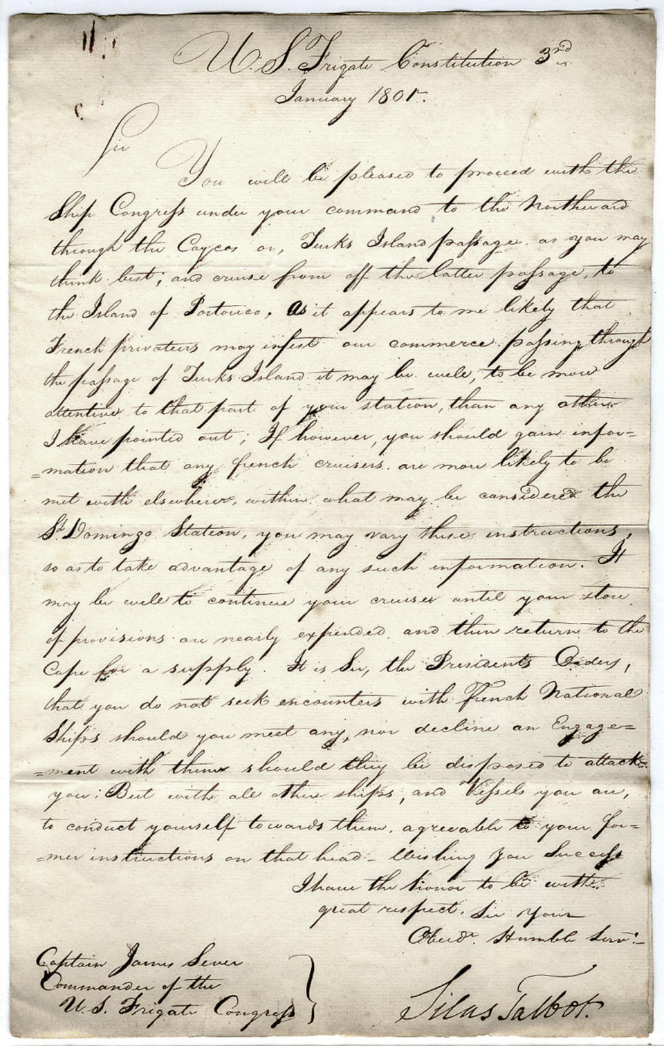 This image released Tuesday, Oct. 20, 2020, by the USS Constitution Museum in Boston shows a document signed by the ship's commander U.S. Navy Capt. Silas Talbot that is part of a collection of documents related to the early years of the USS Constitution acquired by the museum. The collection will be unveiled during a virtual celebration for the ship's 223rd birthday on Wednesday. (USS Constitution Museum via AP)