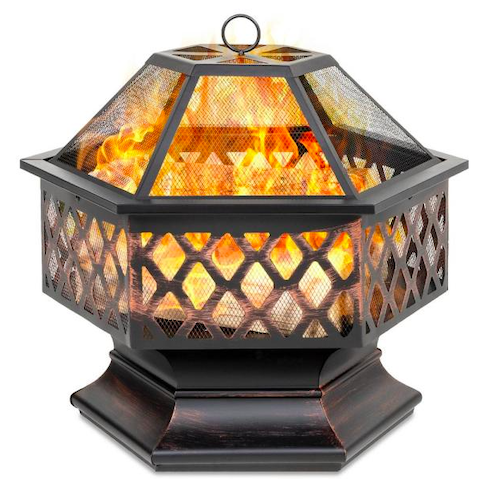 Hexagon Steel Wood Fire Pit with Mesh Lid, best metal fire pit