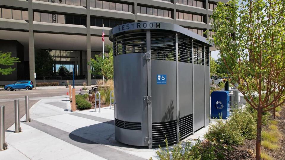 This is an example of a Portland Loo, installed at Cherie Buckner-Webb Park in downtown Boise.