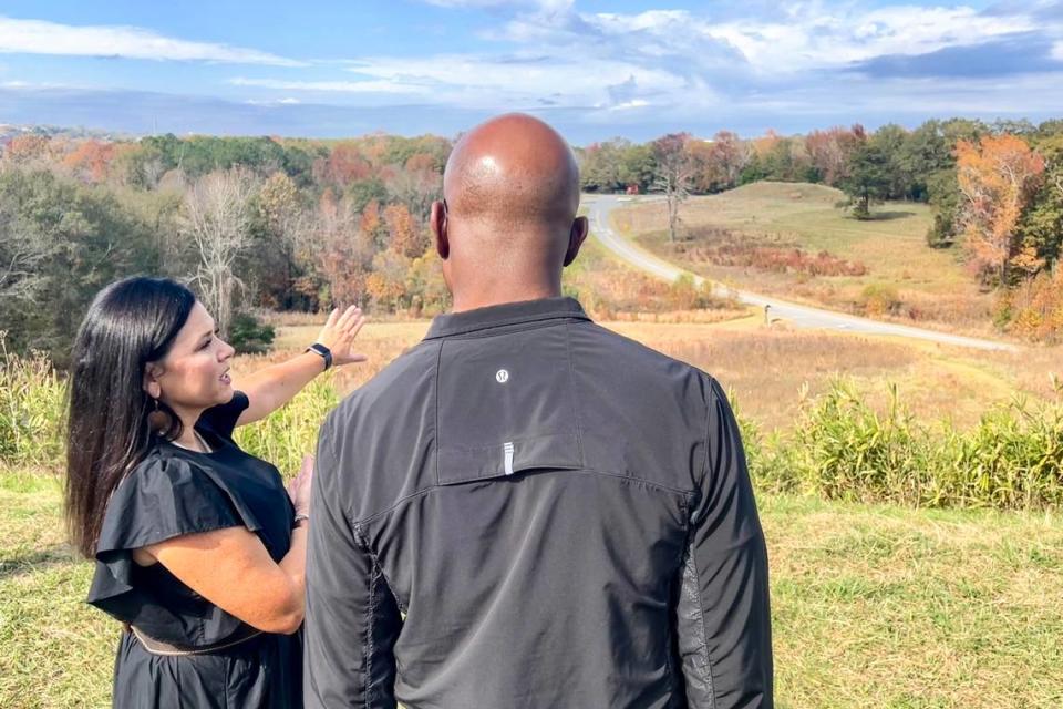 Muskogee Creek Nation citizen Tracie Revis took Sen. Raphael Warnock on a hike in the Ocmulgee Mounds National Historic Park. The park is tagged as a possible future national park.