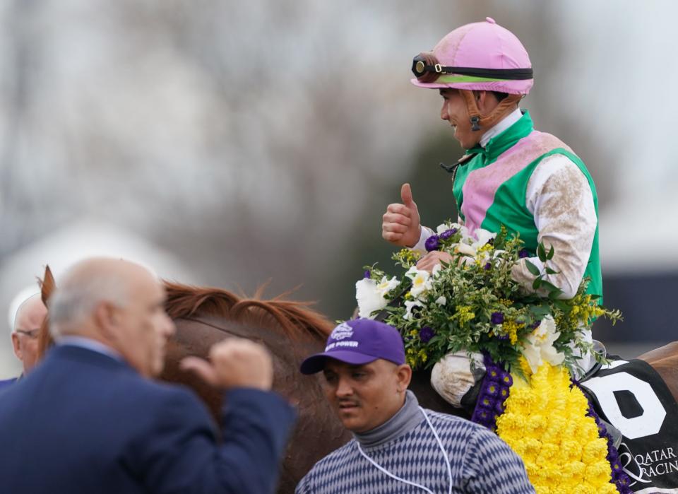 Jockey Irad Ortiz Jr. gives a thumbs up after winning the Breeders' Cup Sprint at Keeneland, aboard Elite Power. Nov. 5, 2022