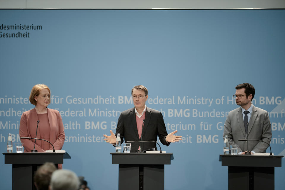 From left: German Minister for Family Affairs, Senior Citizens, Women and Youth, Lisa Paus, Health Minister Karl Lauterbach and Justice Minister Marco Buschmann attend a news conference following the presentation of a report an expert commission, tasked by the German government, to decriminalise the current abortion law, in Berlin, Monday, April 15, 2024. The independent experts commission recommended that abortion in Germany should no longer fall under the country's penal code but be made legal during the first 12 weeks of pregnancy. (AP Photo/Markus Schreiber)