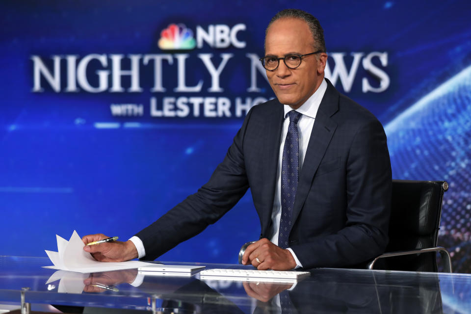 This July 31, 2019 photo shows Lester Holt, anchor of "NBC Nightly News," and host of "Dateline NBC" on the set of his weekday evening news set in New York. Holt spent a couple of nights locked up in Louisiana's notorious Angola prison earlier this year for a "Dateline NBC" episode about criminal justice reform. The episode airs Friday night on NBC. (AP Photo/Richard Drew)