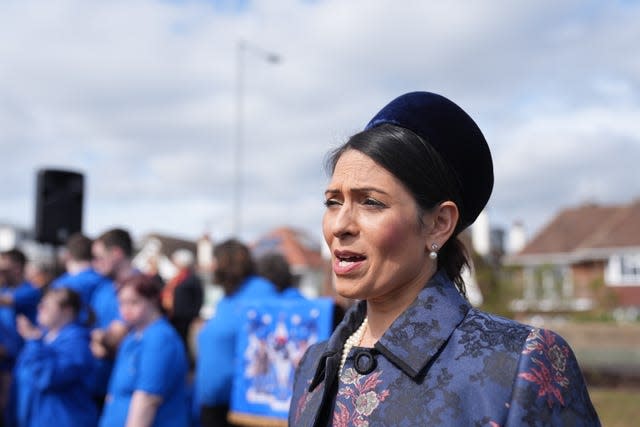 Former home secretary Priti Patel speaking during the unveiling of a statue of MP Sir David Amess on Chalkwell seafront, in Southend