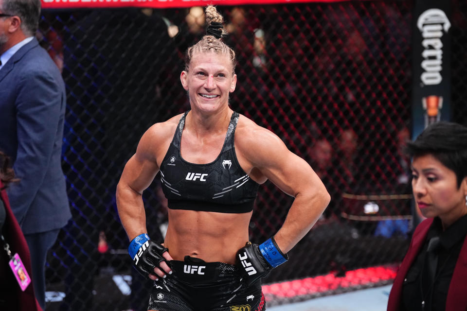 LAS VEGAS, NEVADA - APRIL 13: Kayla Harrison reacts to the end of the round in a bantamweight fight during the UFC 300 event at T-Mobile Arena on April 13, 2024 in Las Vegas, Nevada. (Photo by Jeff Bottari/Zuffa LLC via Getty Images)