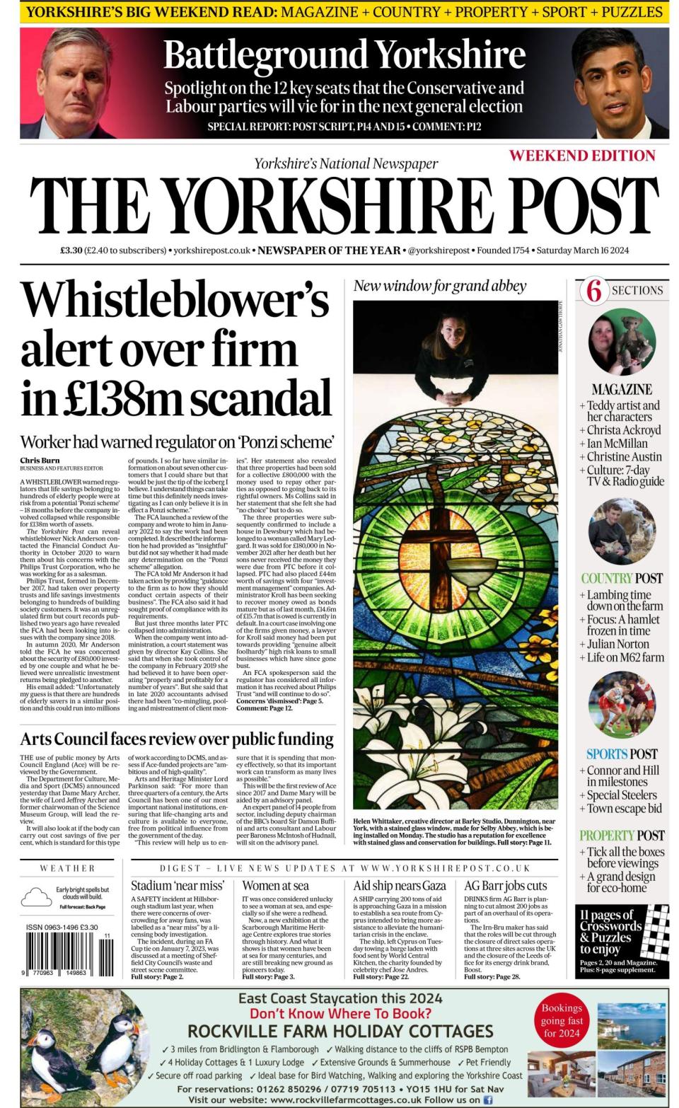 The Yorkshire Post front page with the news story Whistleblower's alert over firm in £138m scandal