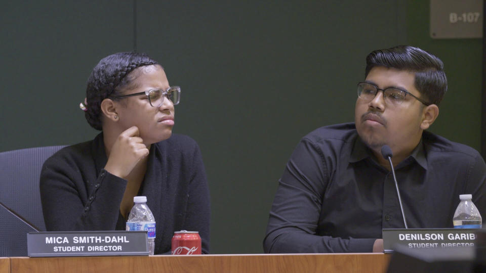 In this image provided by Hulu, Mica Smith-Dahl, left, and Denilson Garibo appear in a scene from "Homeroom." (Hulu via AP)