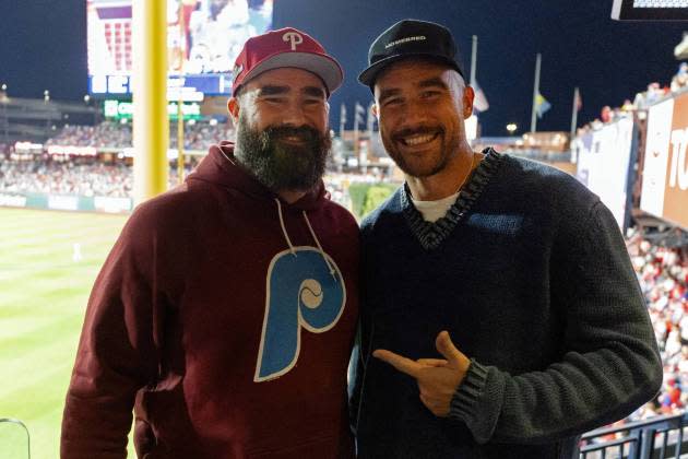 Jason and Travis Kelce on Oct. 16, 2023 in Philadelphia, PA. - Credit: Gabriella Ricciardi/MLB Photos via Getty Images