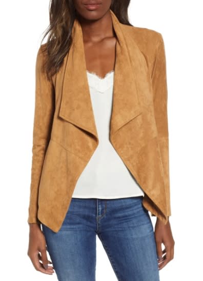 BB Dakota Wade Drape Front Faux Suede Jacket. (Image via Nordstrom)