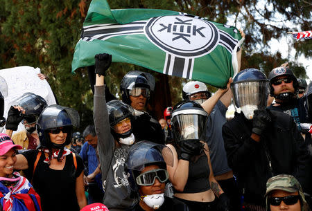 People with helmets gather among members of opposing factions on the cancelation of conservative commentator Ann Coulter's speech at the University of California, Berkeley, in Berkeley, California, U.S., April 27, 2017. REUTERS/Stephen Lam