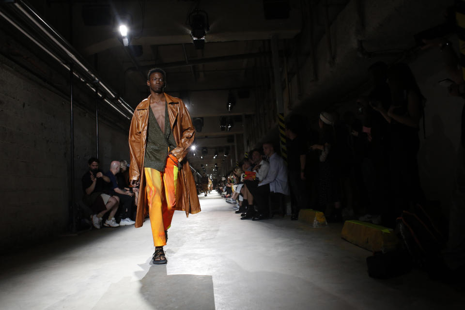 A model wears a creation for the Dries van Noten mens Spring-Summer 2020 fashion collection presented in Paris, Thursday, June 20 2019. (AP Photo/Thibault Camus)