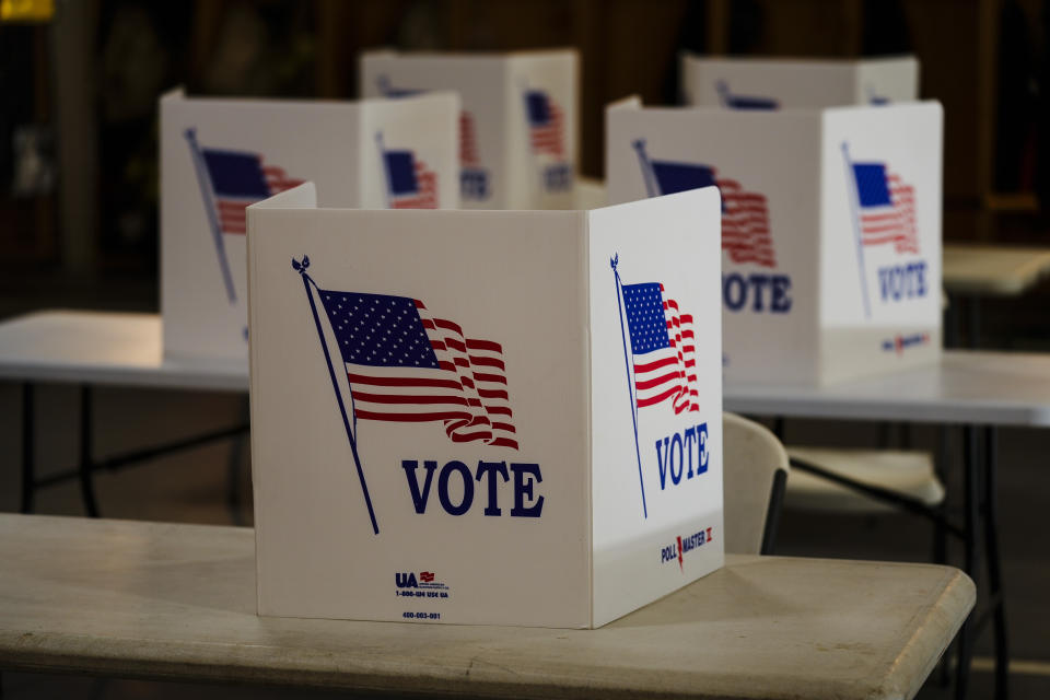 Voting booths are set up at a polling place in Newtown, Pa., Tuesday, April 23, 2024. (AP Photo/Matt Rourke)