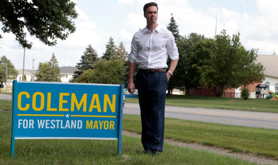 State Rep. Kevin Coleman, D-Westland, with one of the many campaign signs in Westland on Thursday, July 6, 2023. Coleman is running for mayor in Westland and was out and about meeting people and passing out information about him.