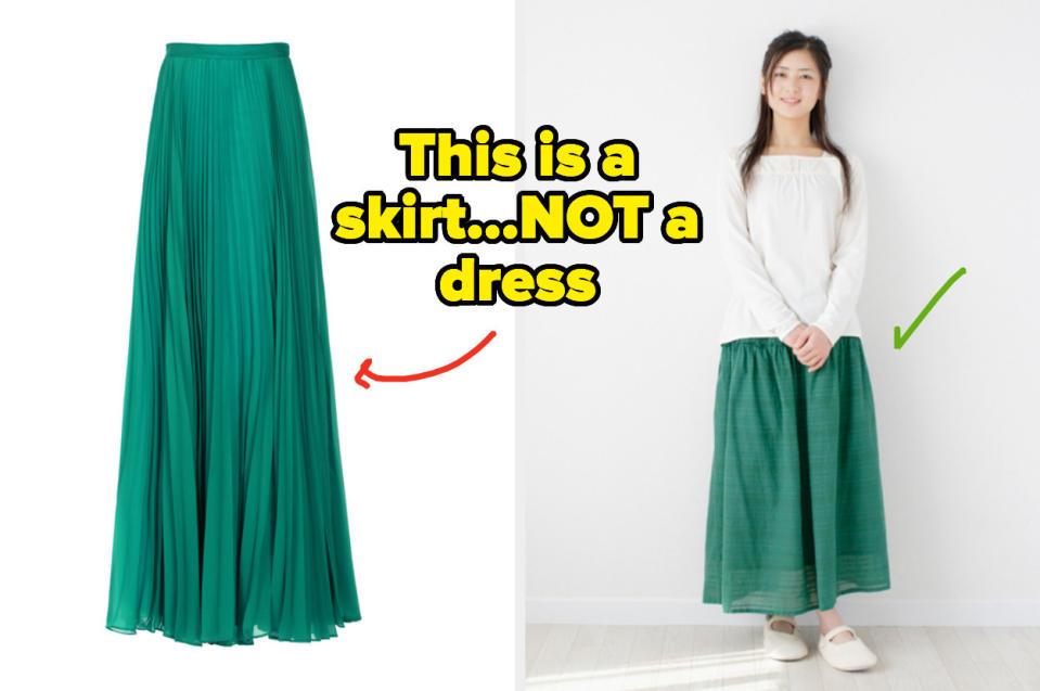 A long green skirt, a woman wearing it as a skirt, and the text "this is a skirt...NOT a dress"