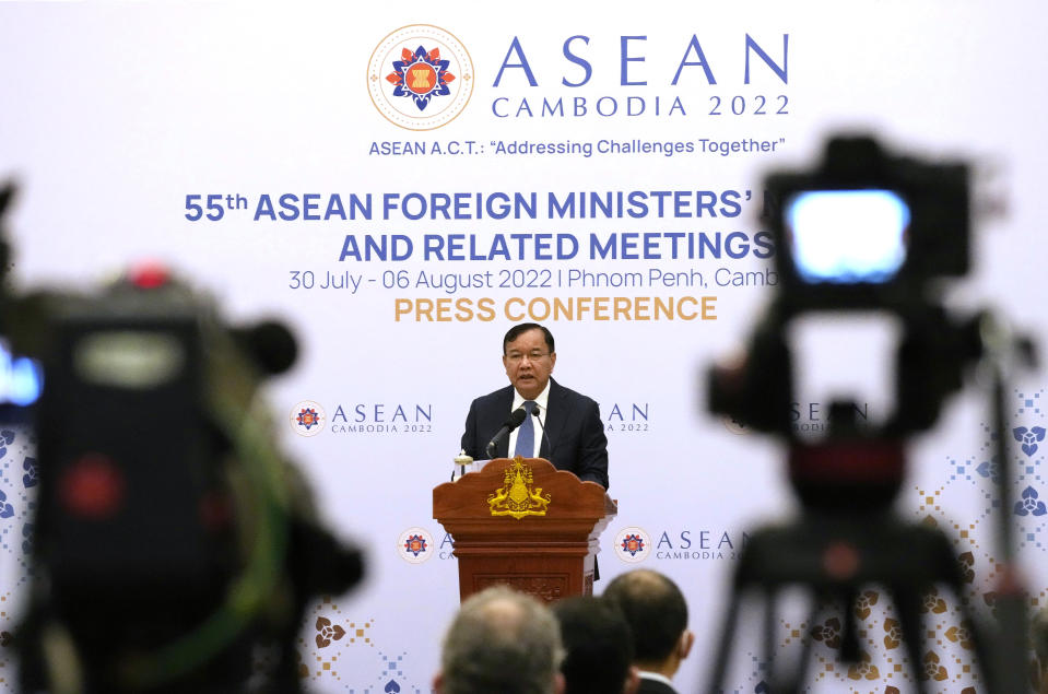 Cambodia's Foreign Minister Prak Sokhonn speaks during a press conference after the 55th ASEAN Foreign Ministers' Meeting (55th AMM) in Phnom Penh, Cambodia, Saturday, Aug. 6, 2022. (AP Photo/Heng Sinith)