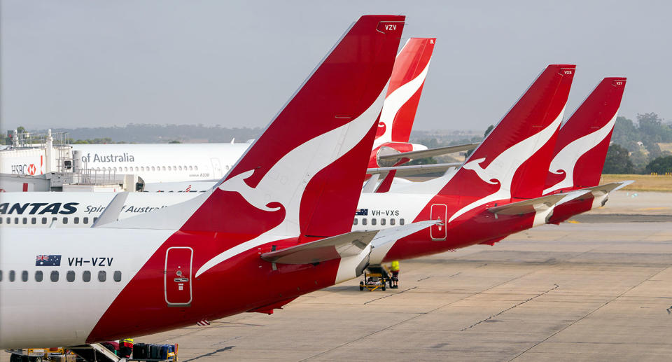 Qantas passenger planes line up at the domestic terminal in Melbourne, Australia.