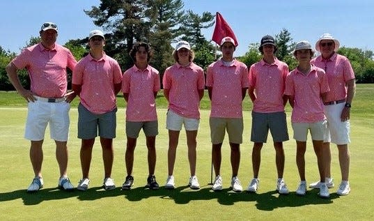 Bedford's boys golf team -- left to right assistant coach Chris Bowyer, Camden Price, Taleon Guess, Carter Klawonn, Jayce Yarad, Spencer Eighmey, Frank Soss and coach Brad Reed -- qualified for the Division 1 state finals Wednesday.
