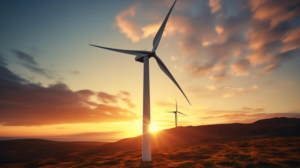 A close up of a wind turbine producing electricity as the sun sets.